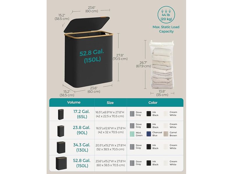 Songmics Wäschekorb  130 l, Schwarz Wäschesammler mit drei Fächern