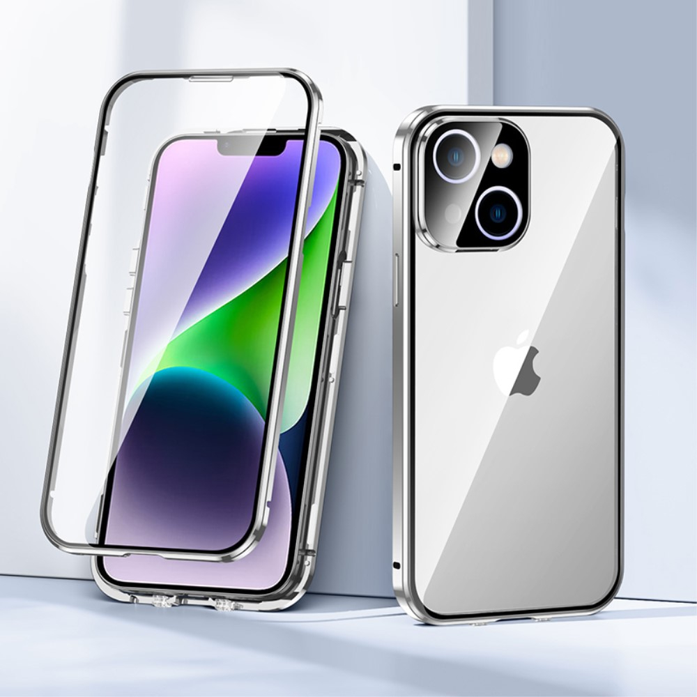 iPhone 14 Magnetische Alu Schutzhülle mit Panzer Glas Backcover   Display- / Kameraglasschutz (Magnet-Technologie) - Silber
