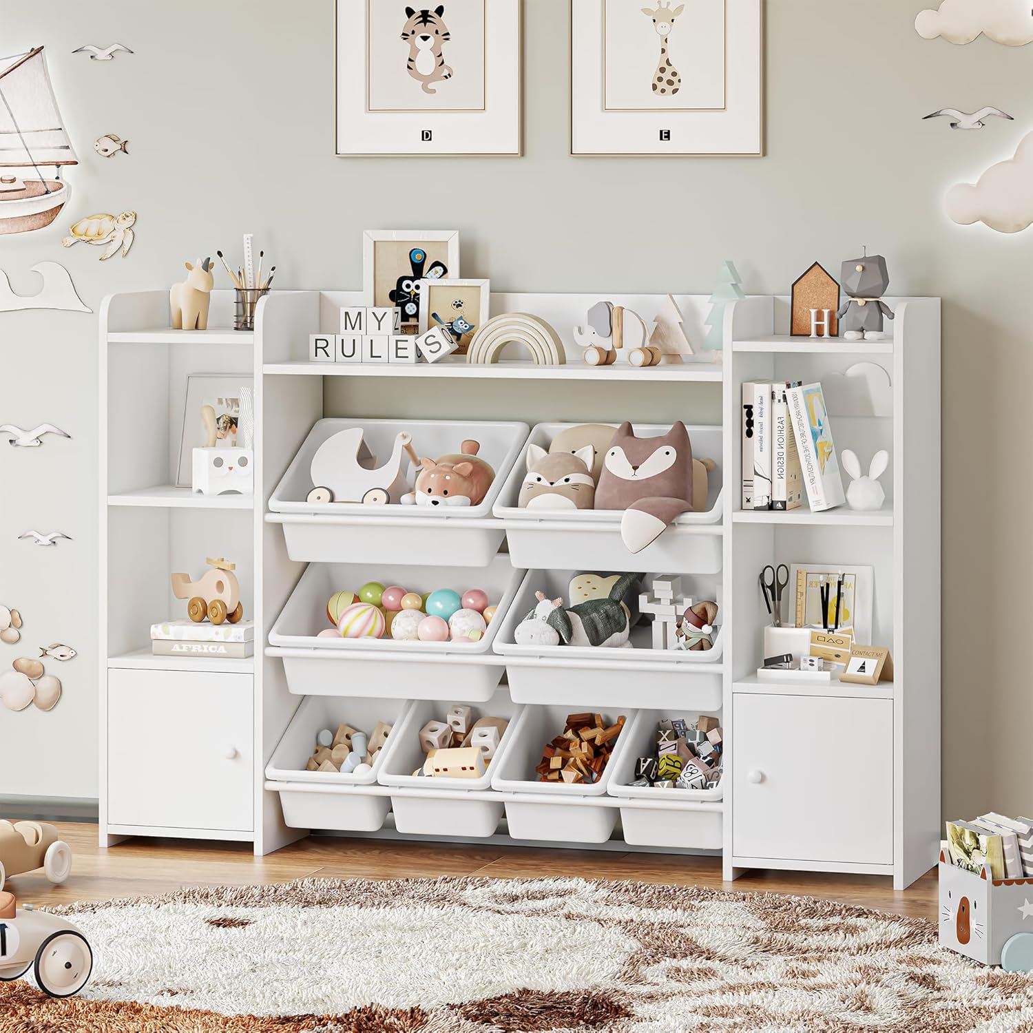 FOREHILL Kinderregal mit 8 Boxen Kinderschrank Holz Bücherregal für Kinder Aufbewahrungsbox Kinderzimmer Möbel mit Spielzeugkiste 138,8 x 94,3 x29,6 cm weiß