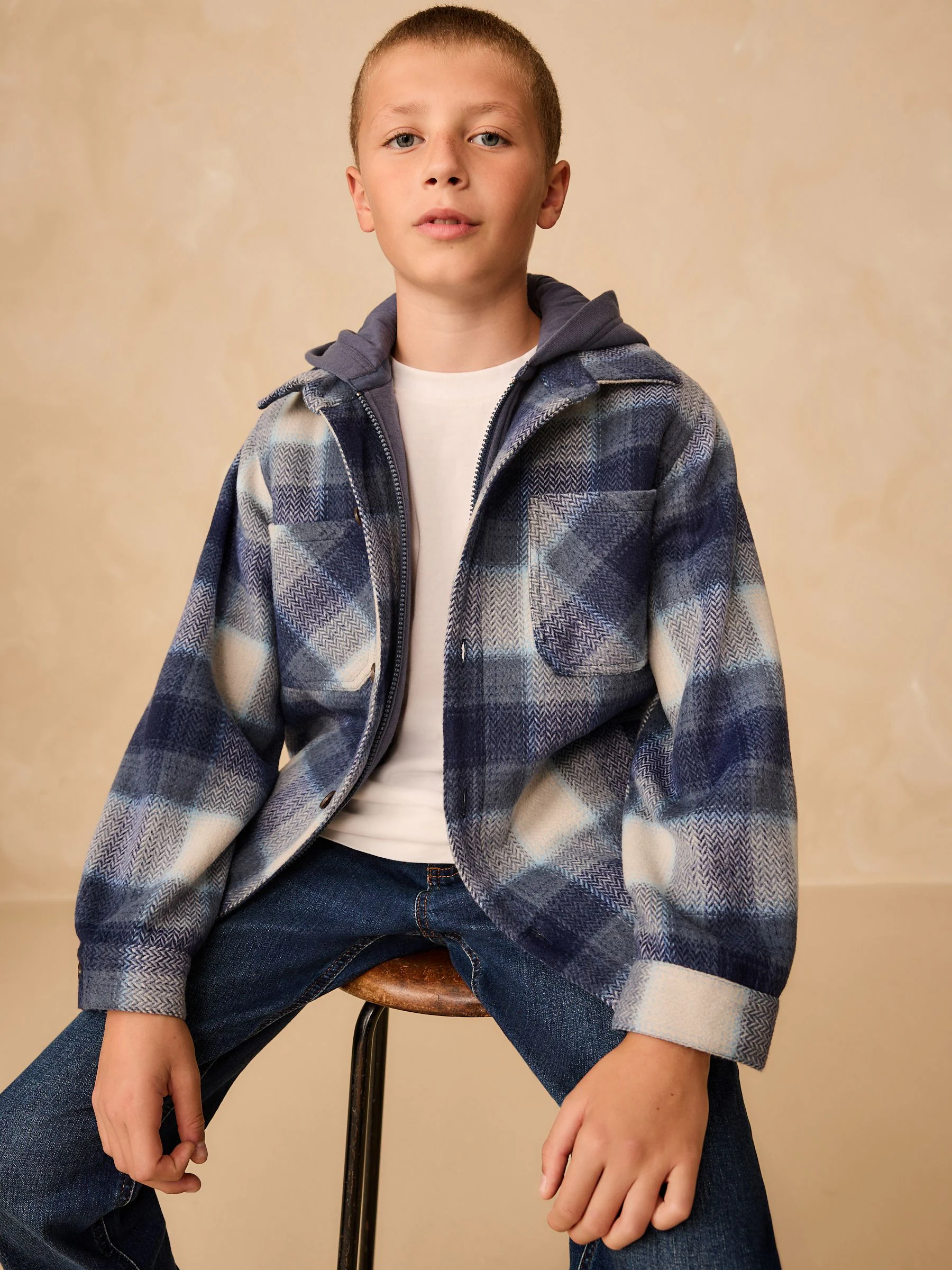 Donkerblauw - Borg gevoerde Ruit Overshirt Met capuchon (3-16jr)