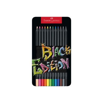 Faber-Castell Black Edition - 12 Crayons de couleur - couleurs brillantes assorties - boîte métal