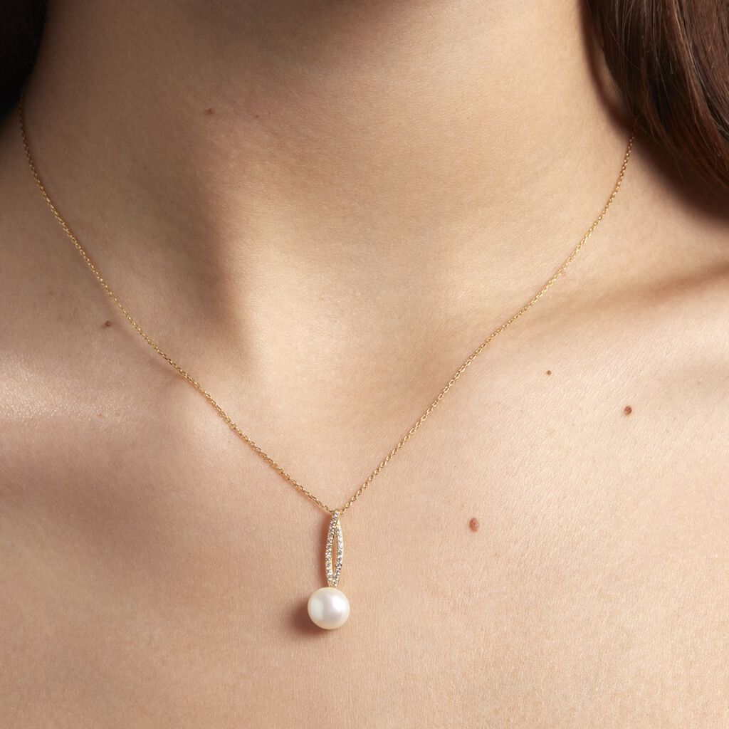 Collier Tesnimae Or Jaune Oxyde De Zirconium Et Perle De Culture