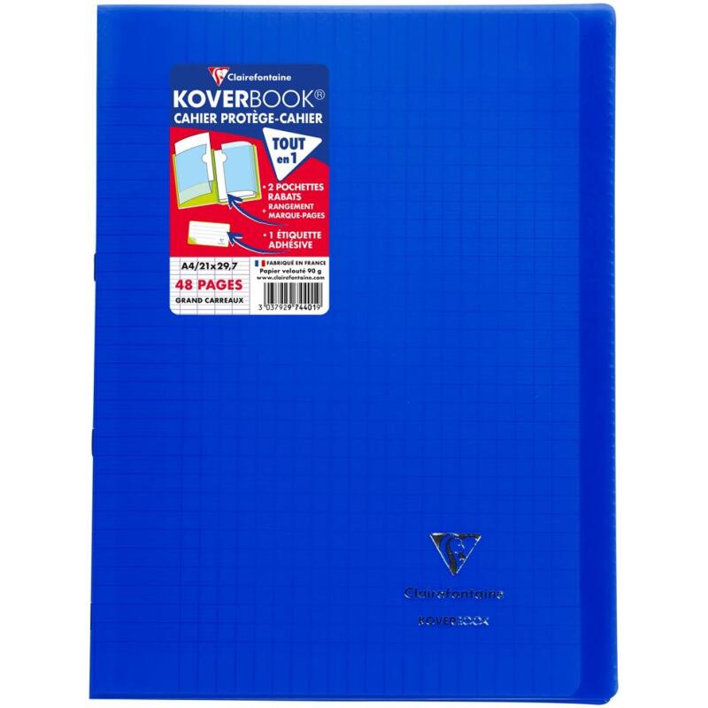 Cahier piqué Koverbook A4 48 pages grands carreaux couverture polypropylène transparent - Assortis