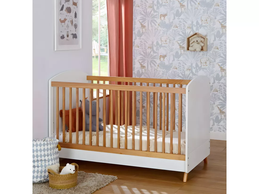 Pack lit bébé évolutif avec matelas 70x140 cm panneaux de fibres blanc et noisette KOMBU