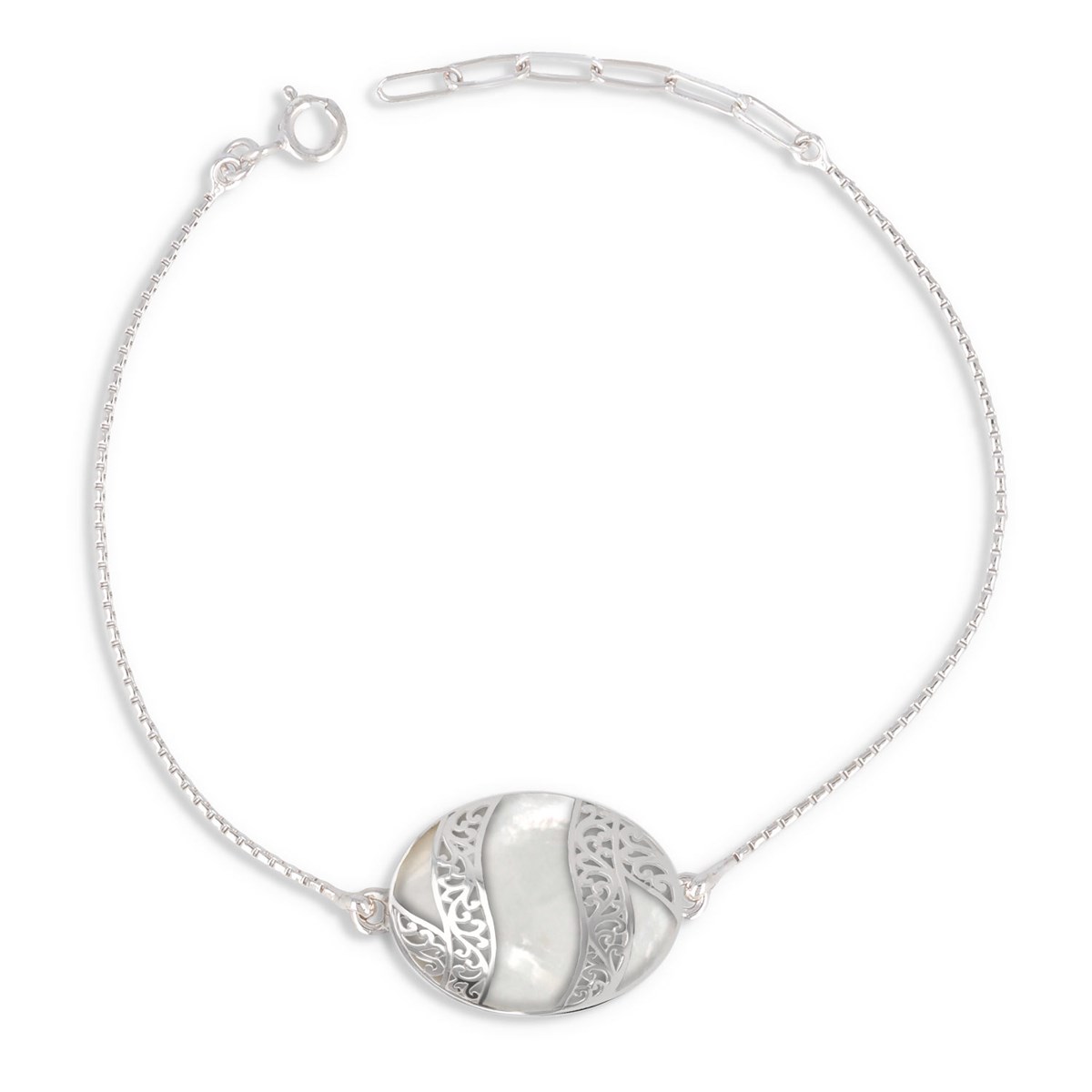 Bracelet ADEN réglable cabochon Nacre blanche dentelles argent 925 Millième rhodié