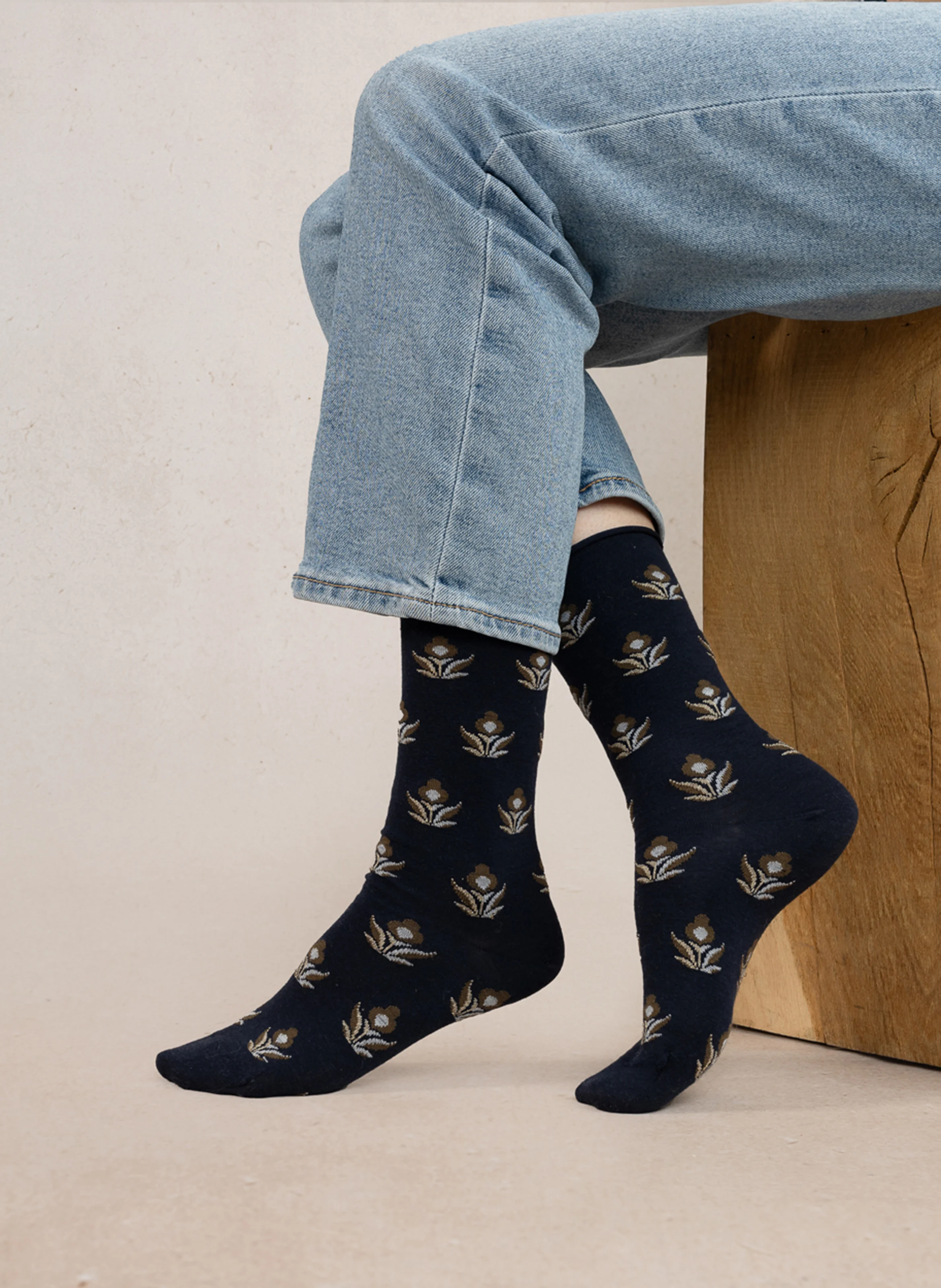 FLEURS - Chaussettes à fleurs en laine et coton mélangés | Bleu
