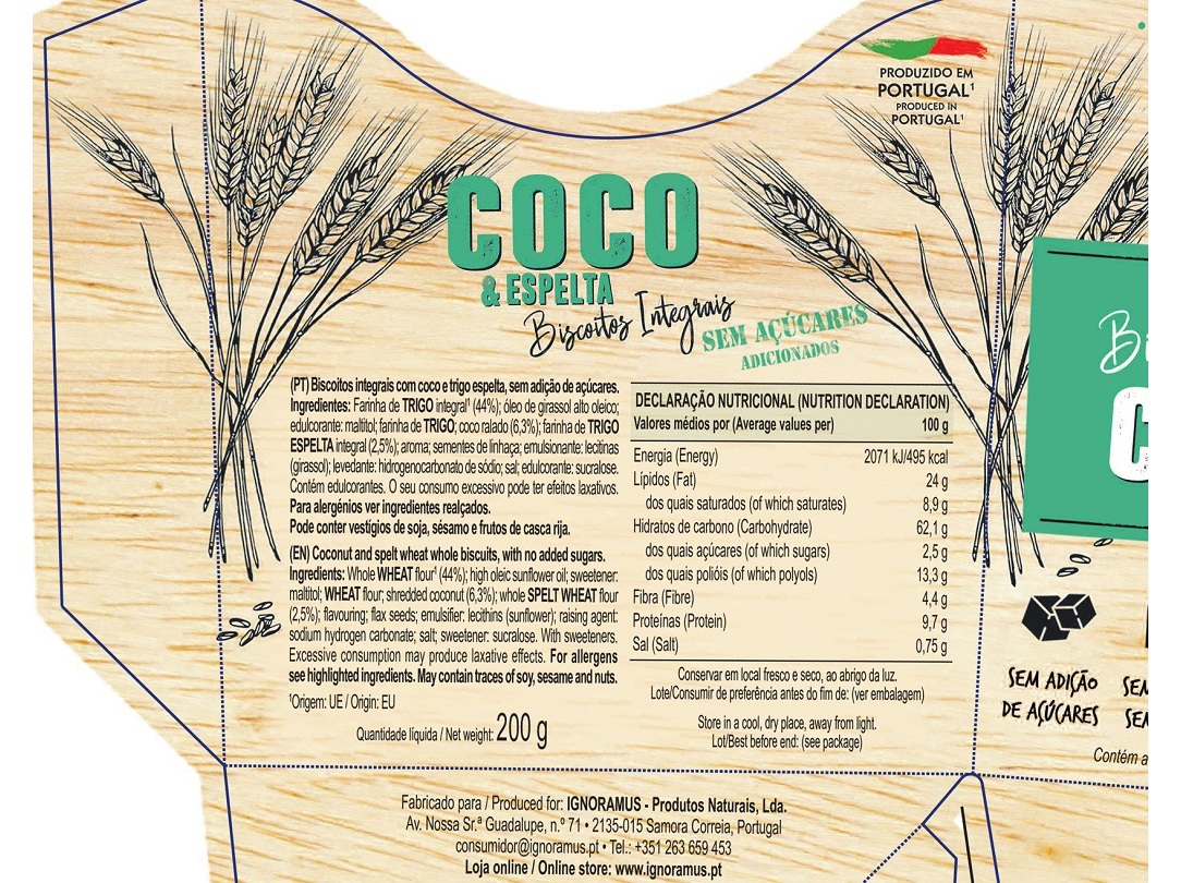 BISCOITOS INTEGRAIS CEMPORCENTO COCO/ESPELTA 200G