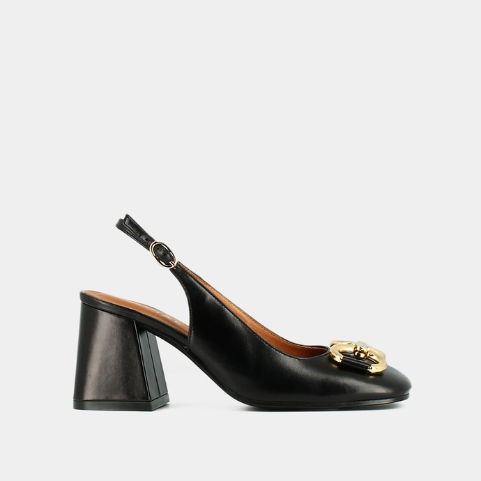 Escarpins à bouts carrés et mors dorés  en cuir noir