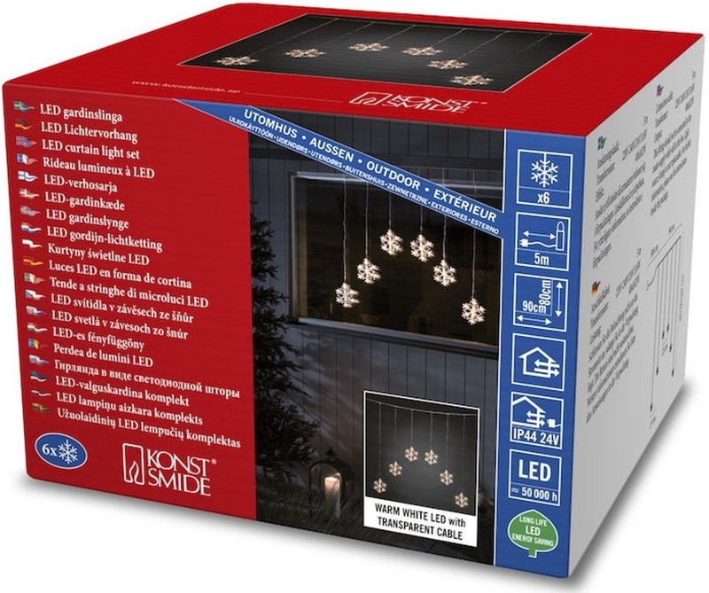 Lichtgordijn voor buiten - 6 sneeuwvlokken - 48 LEDs - Warm wit - Dimbaar - 0.9 meter - Kerstverlichting