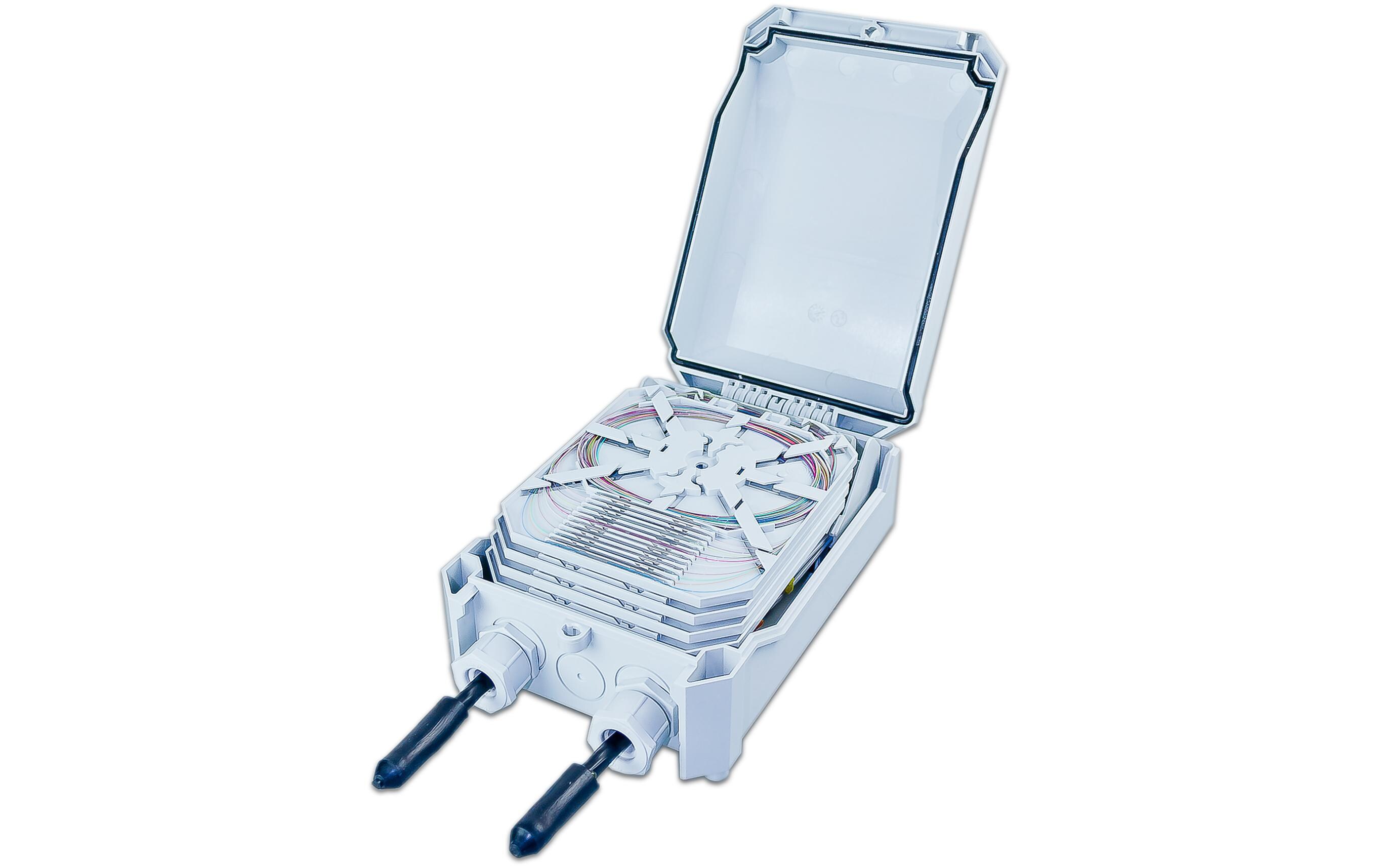 Spleissbox IP55 Wandbox Mini, mit Kassette, für 48 FasernFTTx IP55 Wandbox klein, inklusive Spleisskassetten, 48 Fasern