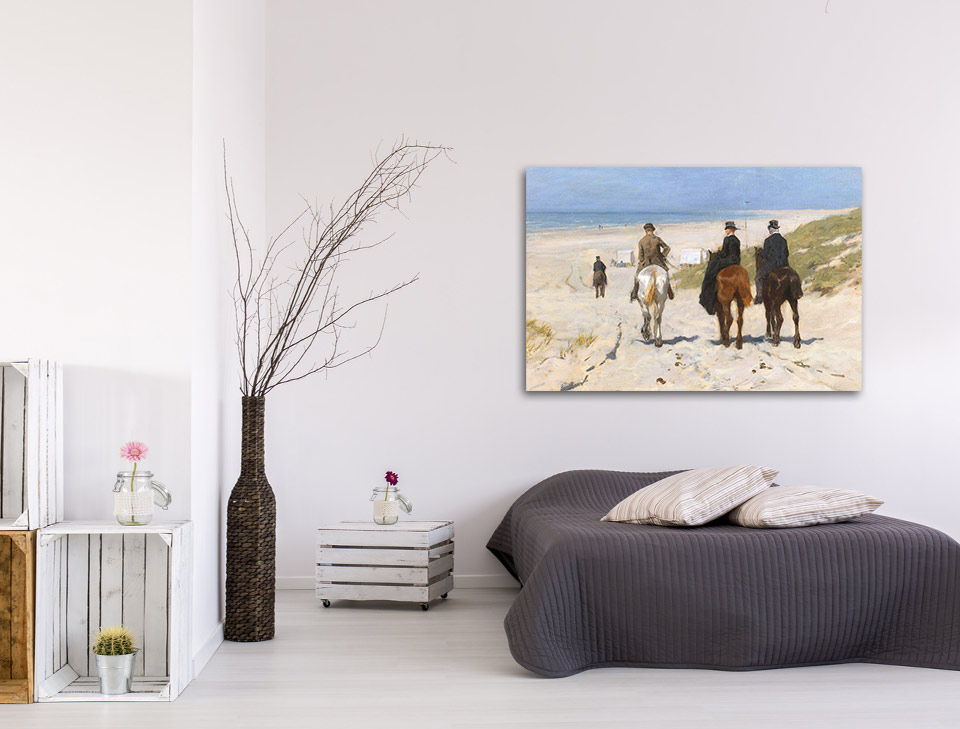 Canvas schilderij Morgenrit langs het strand 80 x 60 cm