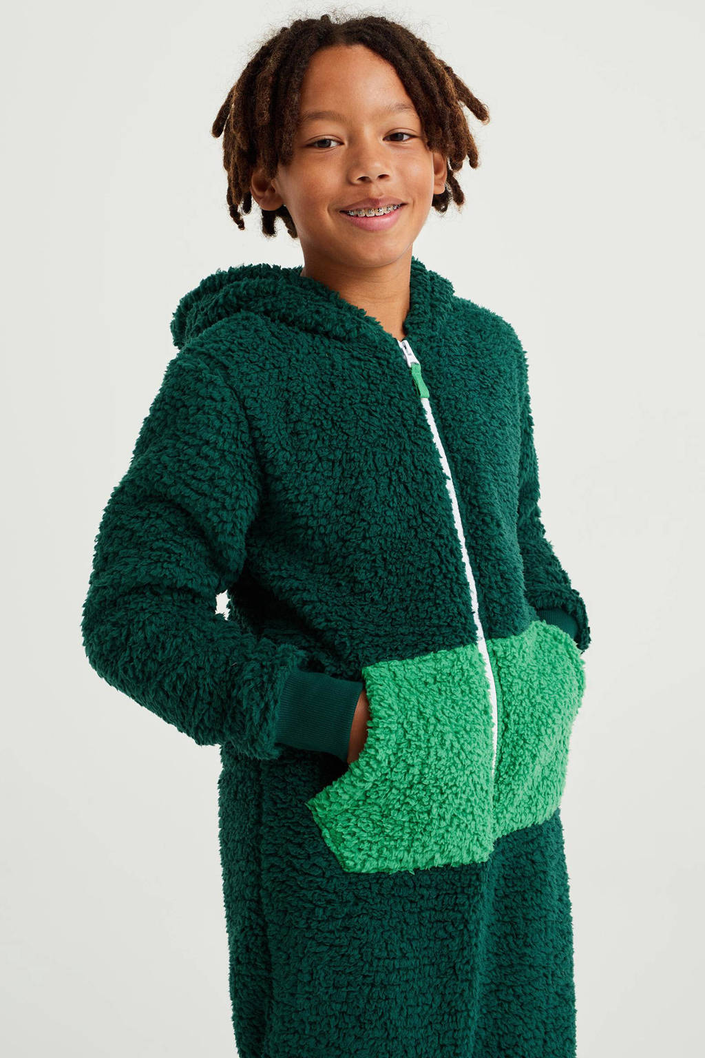 WE Fashion teddy onesie Dino donkergroen/groen