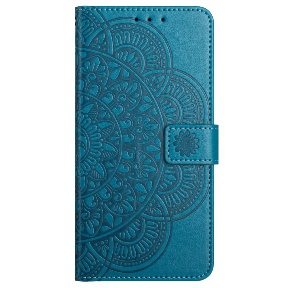 iPhone 16 Leder Tasche Wallet - Mandala Flowers Imprint - Blau