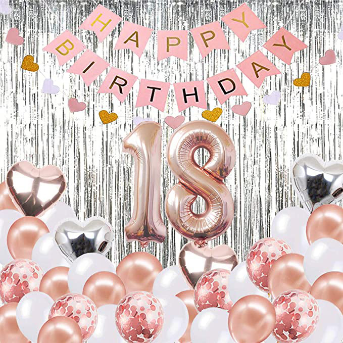 (101-tlg. Set) Happy Birthday Girlande 18. Geburtstag Party Deko   Latex - und Folienballons / Lametta Vorhang - Roségold / Silber / Weiss