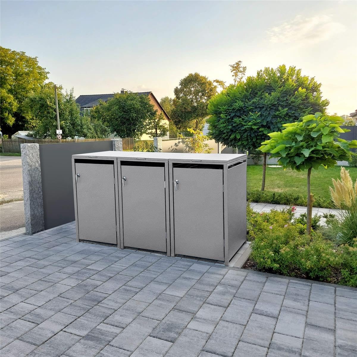 Metzler Mülltonnenbox 3er 240L in Graualuminium, Mülltonnenverkleidung für 3 Tonnen abschließbar und mit Automatikdeckel, pulverbeschichteter & witterungsbeständiger Stahl in RAL9007, Müllbox rostfrei