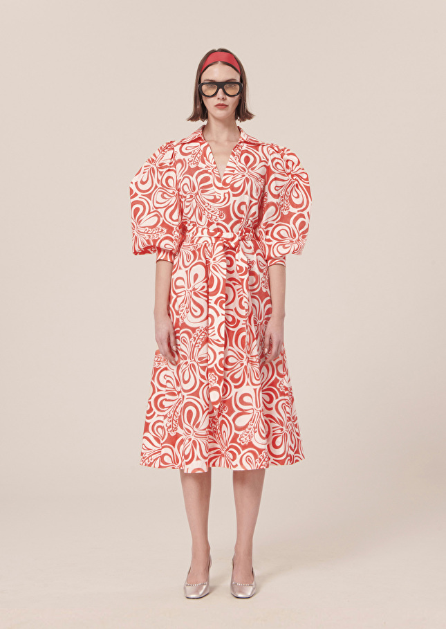 Robe Rivoltaécrue à motif graphique corail en popeline