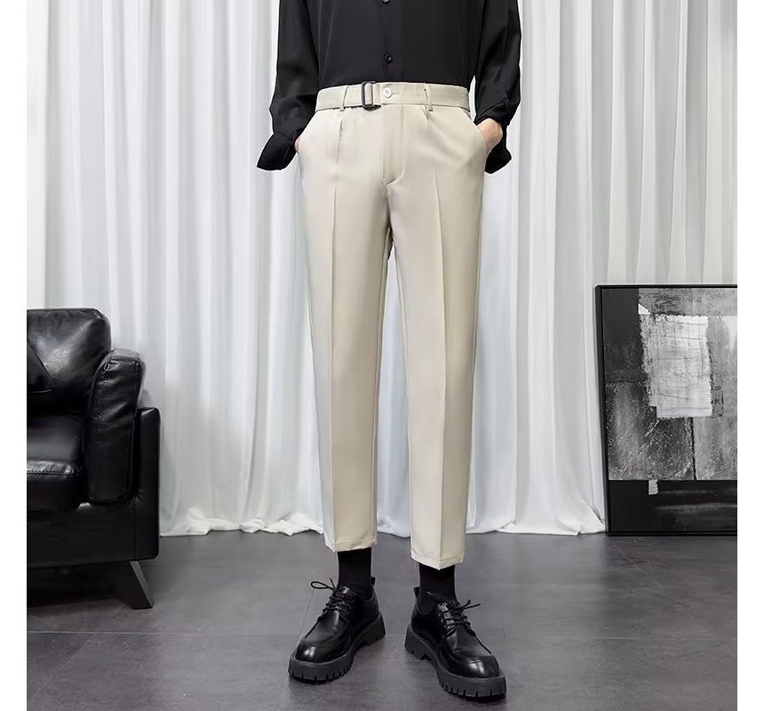Wewewow - Mid Rise Plain Buckled Cropped Tapered Dress Pants
