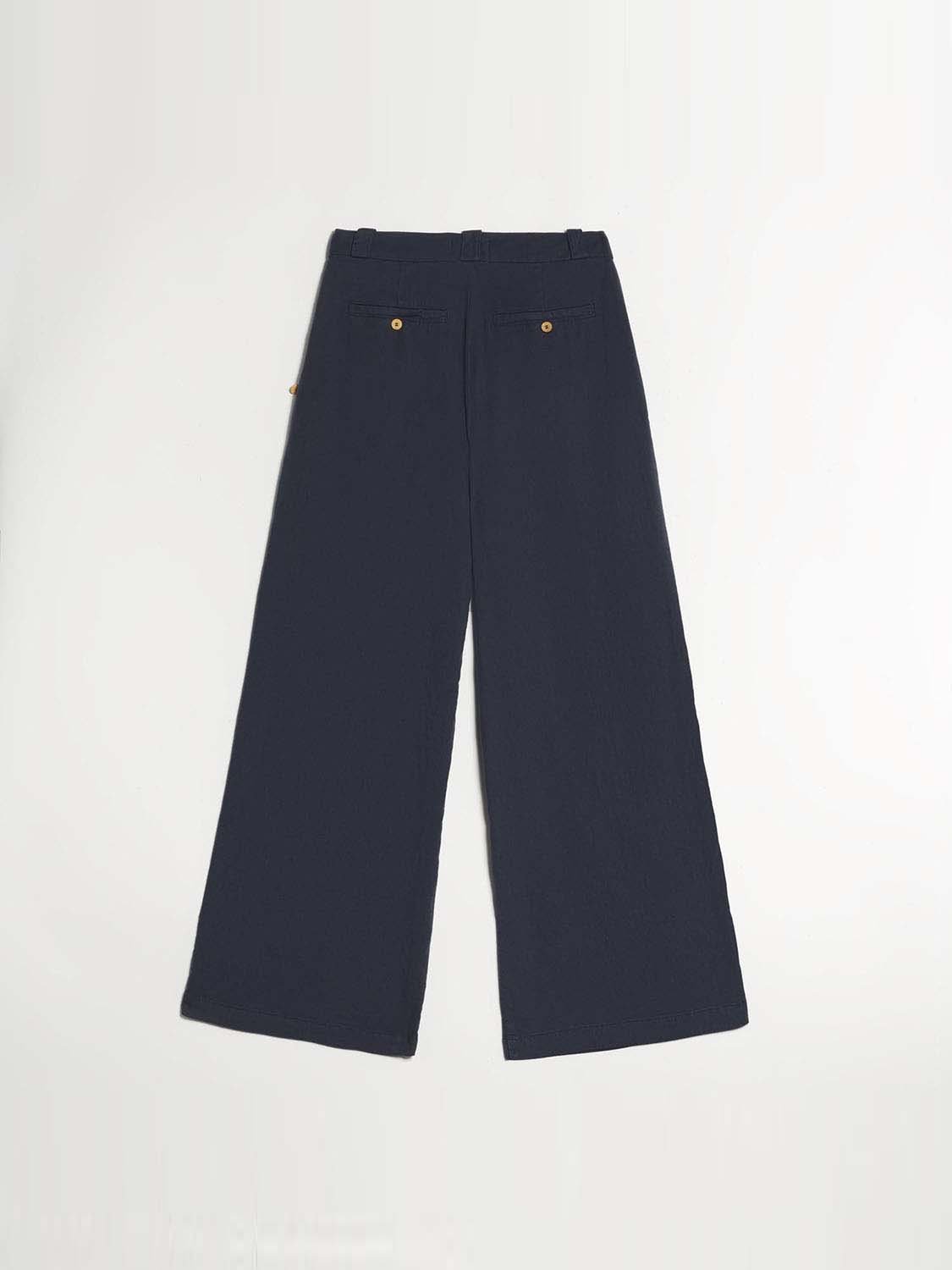 Pantalon Femme Large et 7\/8 Lin Lyocell Marine