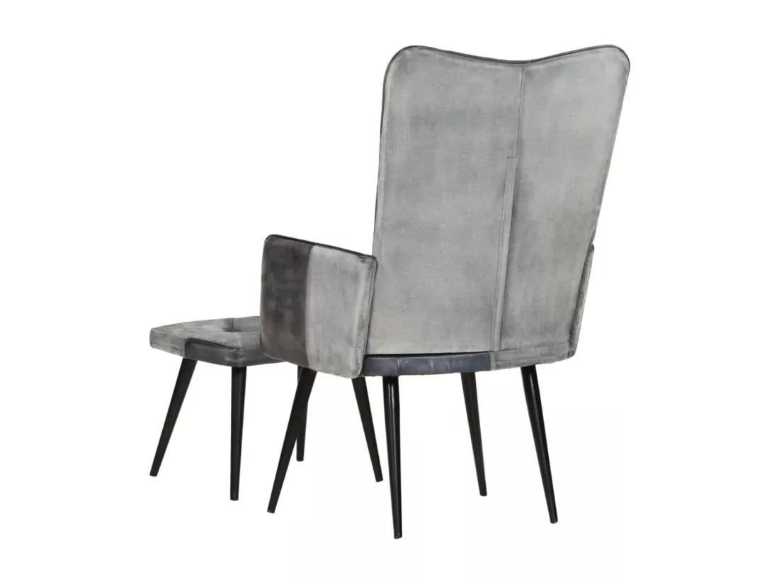 Fauteuil avec repose-pieds Gris Cuir véritable et toile