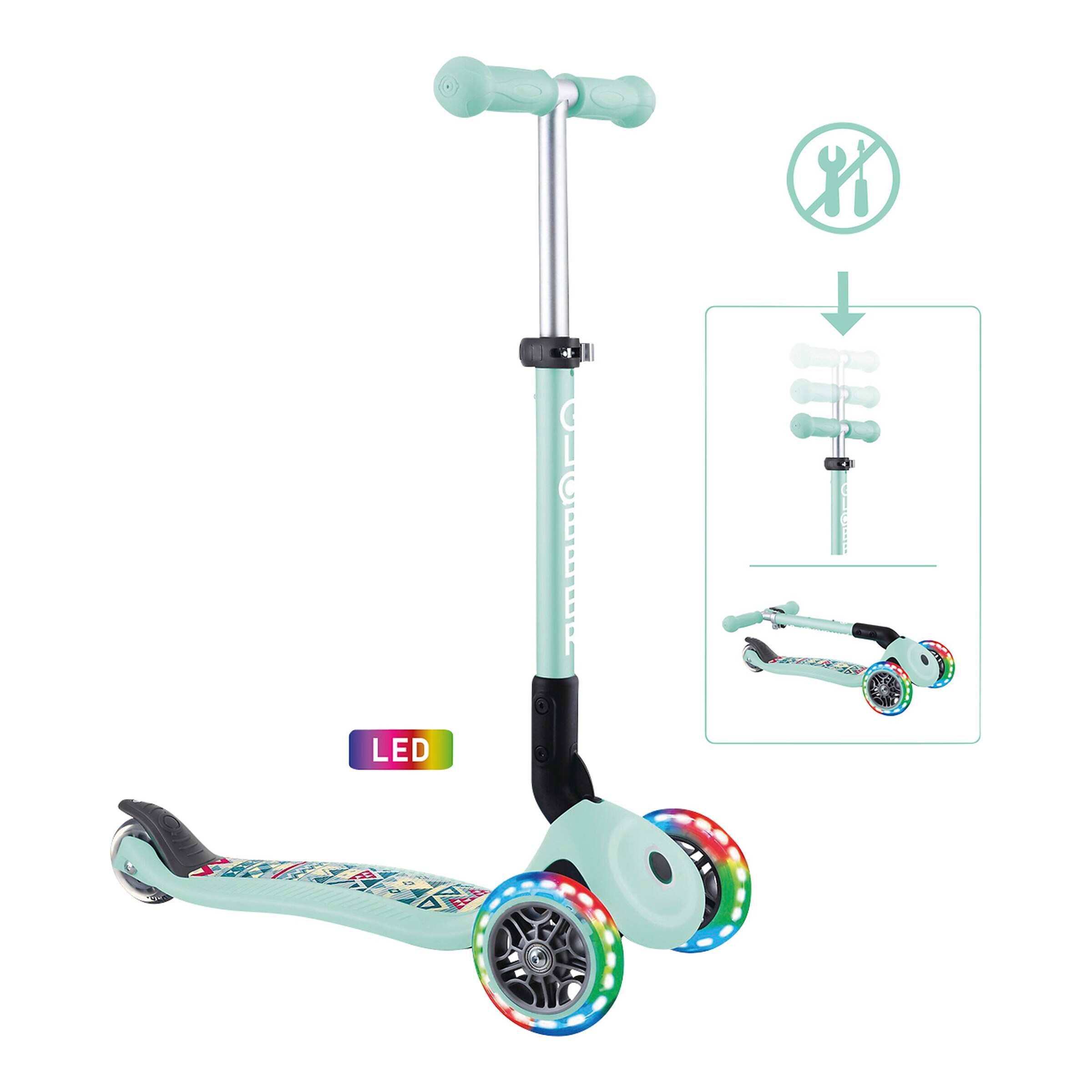 Globber Scooter Junior mit Leuchtrollen mint/Tribal