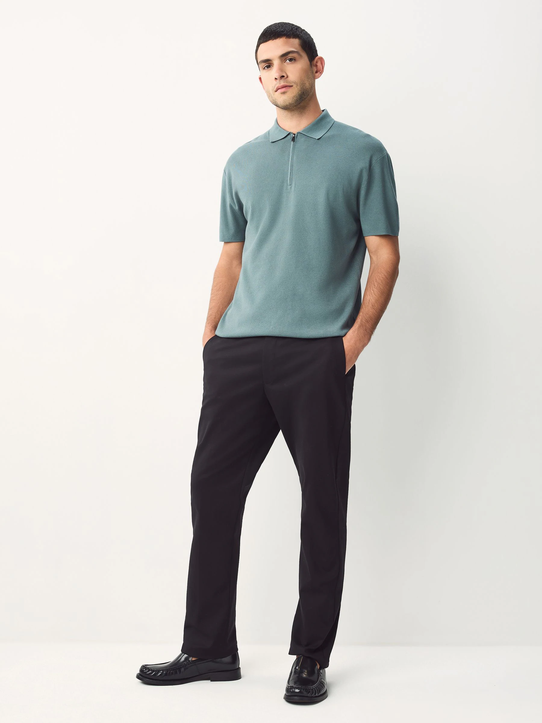 Blauw - Relaxed Fit Premium middelzwaar gebreid poloshirt met korte mouwen