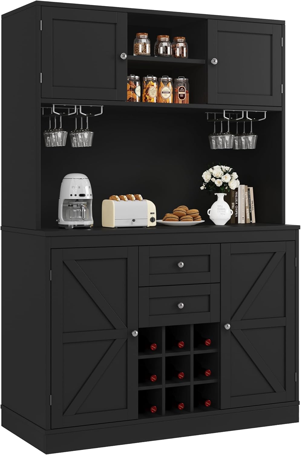 Küchenschrank mit verstellbaren Ablagen & Weinregal, Hochschrank Küchenbuffet mit 4 Türen & 2 Schubladen, Sideboard für Küche & Wohnzimmer, Buffetschrank, Schwarz