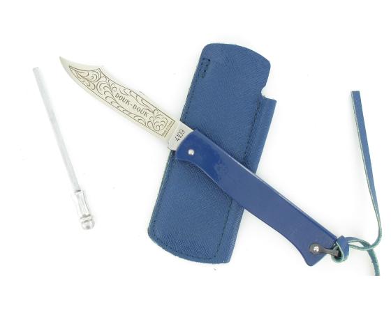 Douk Douk 200 Inox - Manche Acier Couleur BLEU - GAINE CUIR Couteau de poche Le Thiers par Cognet Douk Douk