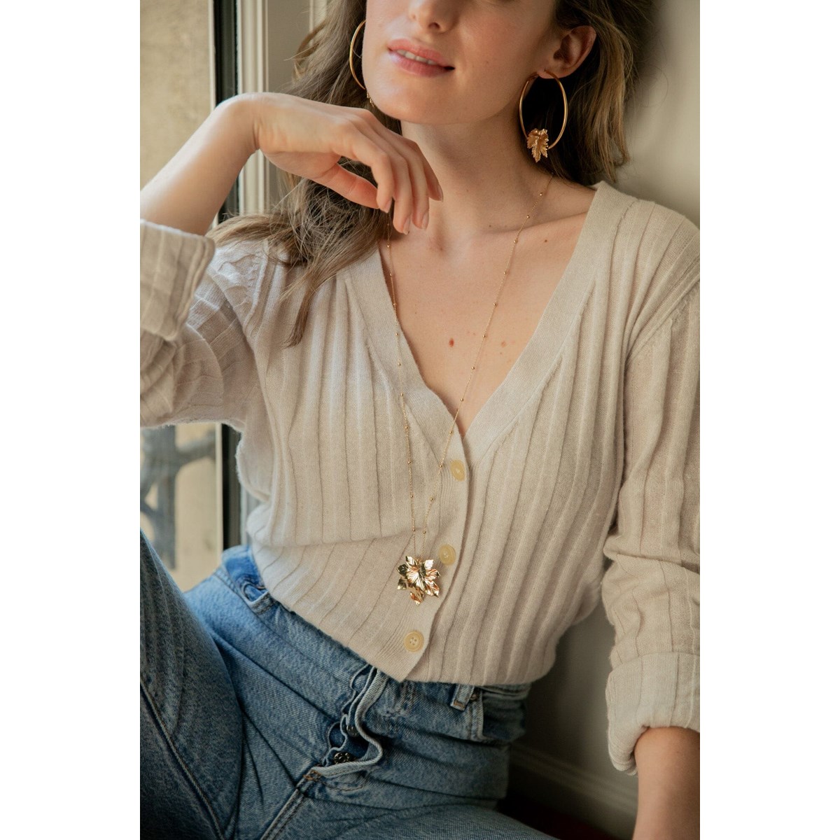 boucles d'oreilles créoles feuilles doré à l'or fin - HÉRA