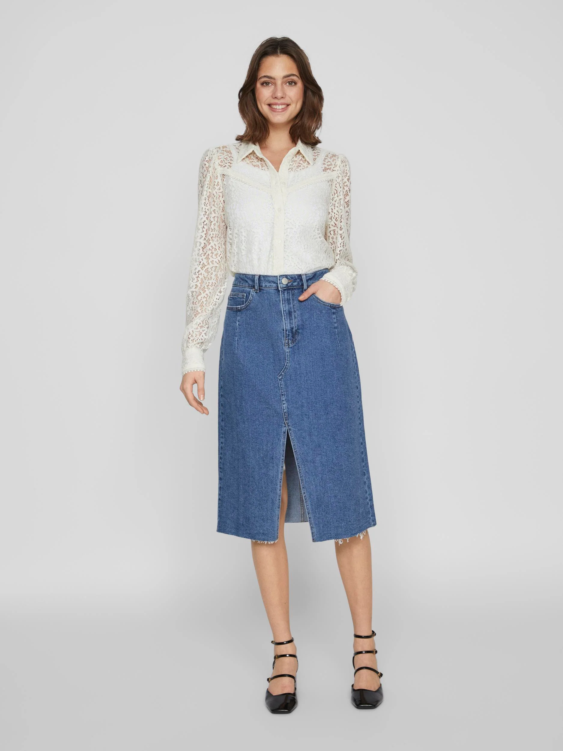 Vila  Visol RW Midi Slit denimnederdel - Medium Blue Denim