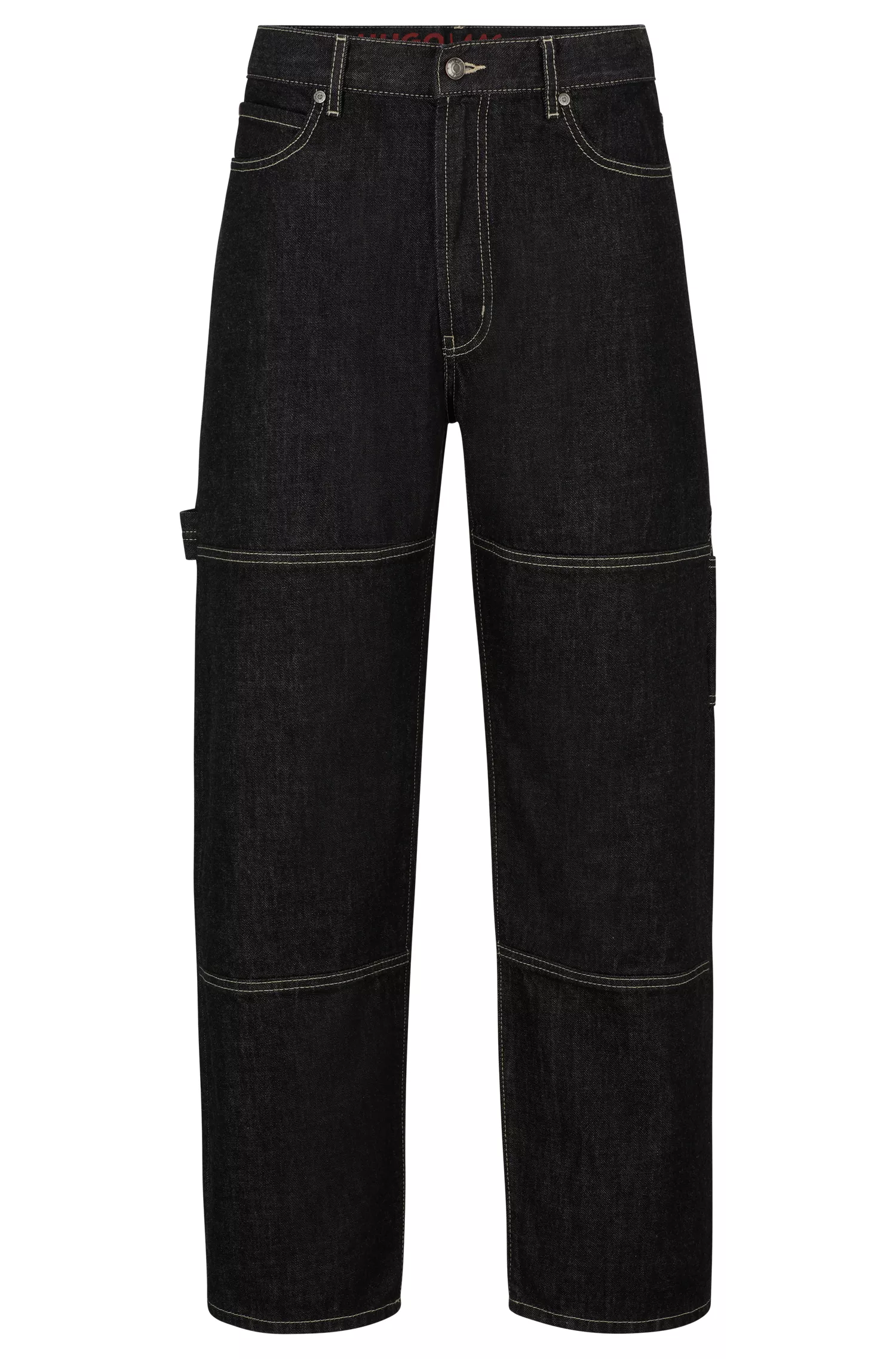 Calça jeans HUGO vermelha, modelagem folgada, em denim japonês rígido preto.