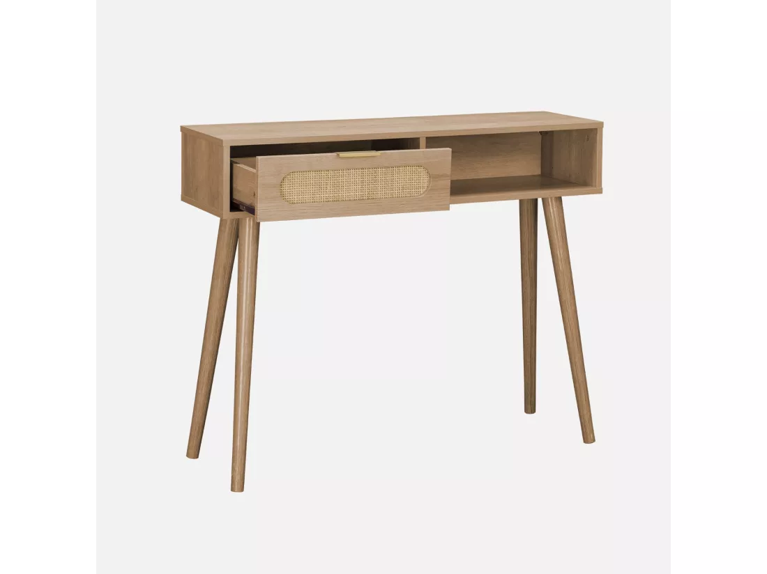 Console décor bois et cannage arrondi . Eva. 1 tiroir. 1 niche. pieds scandinaves. L 100 x l 29 x H 81cm