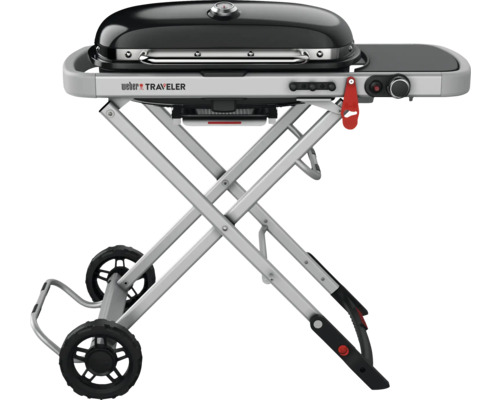 Weber Traveler H 100 cm gasbarbecue, zwart, 1 roestvrijstalen brander, geëmailleerde gietijzeren grillroosters, robuust chassis, automatische dekselvergrendeling