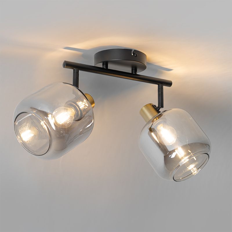 Plafondspot zwart met goud met smoke glas 2-lichts - Zuzanna