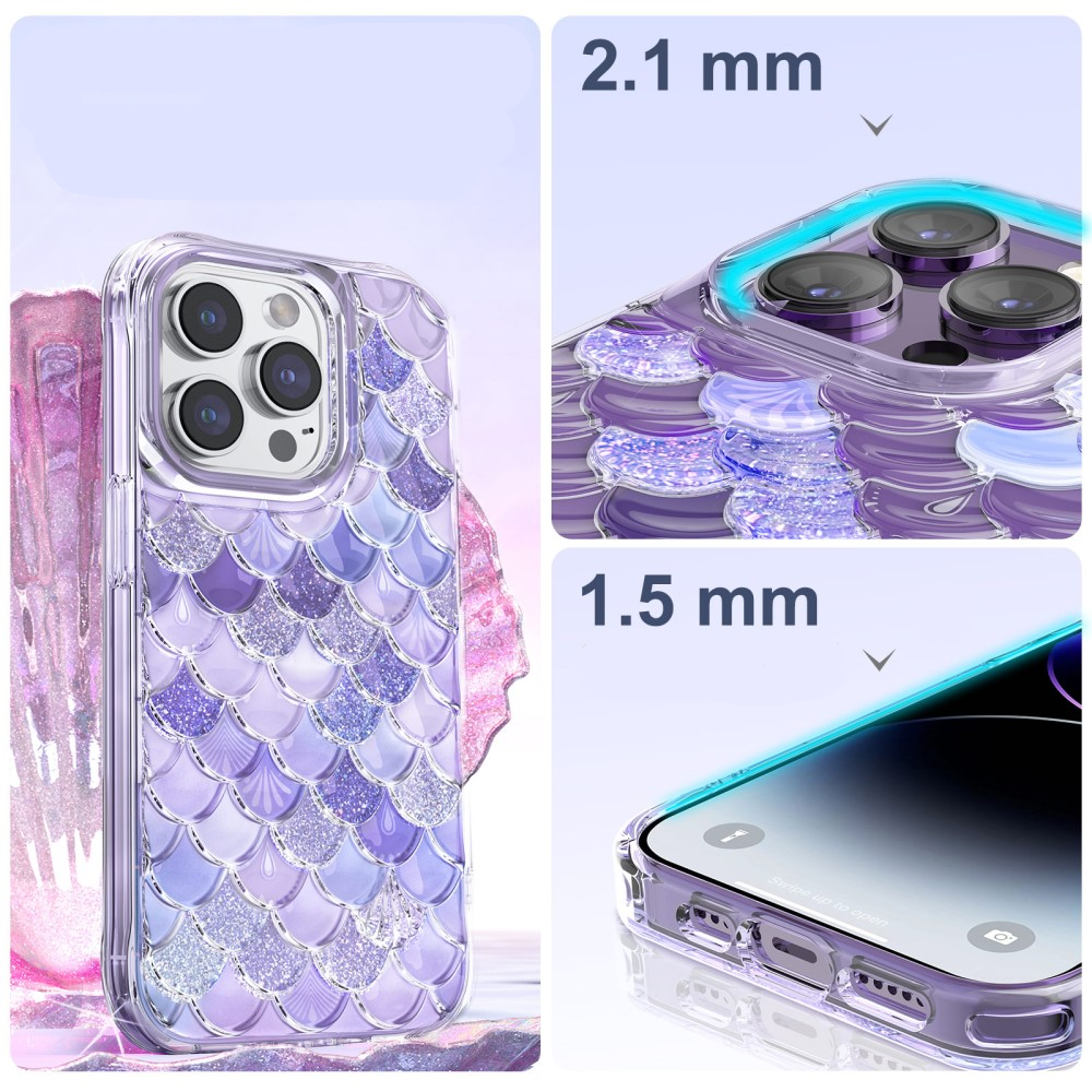 iPhone 14 Pro 3D Gummi Case Schutzhülle im Glitzer Meerjungfrau Mermaid Design - Lila / Transparent