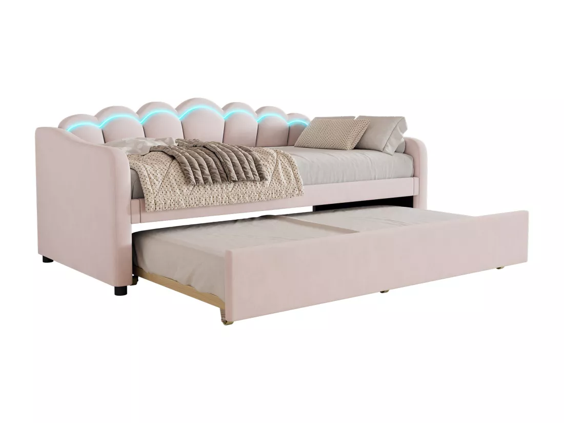 Lit gigogne 90 x 200 cm + lit 90 x 190 cm, canapé-lit - velours - LEDs - coloris rose (sans matelas)