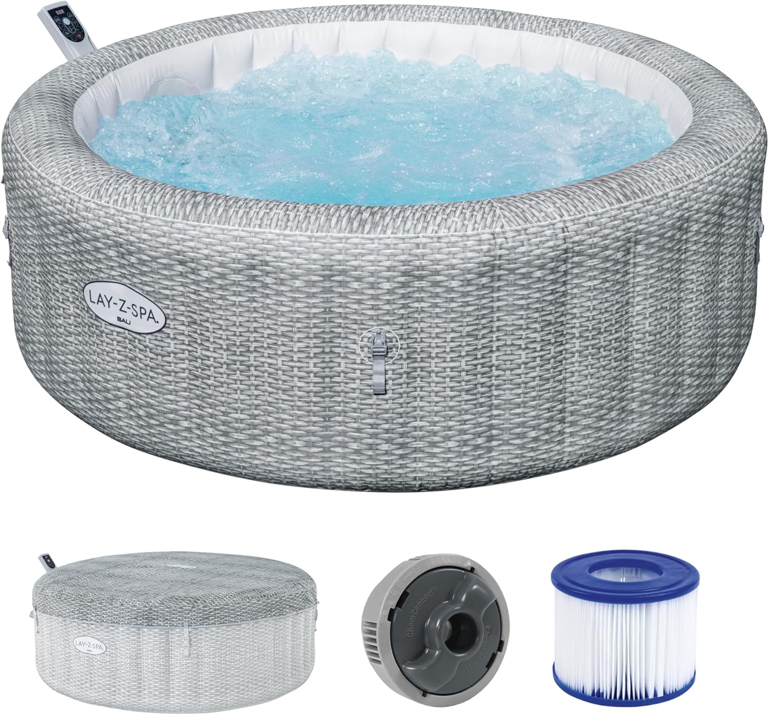 Bestway Lay-Z-SPA Energiespar-Whirlpool Bali AirJet, Ø196x71cm, 6 Personen, Heizung, Frostwächter, 140 AirJet-Düsen, App-Steuerung, UltraFit-Pumpeneinheit, Thermo-Abdeckung, Rattan, GS-Zertifiziert