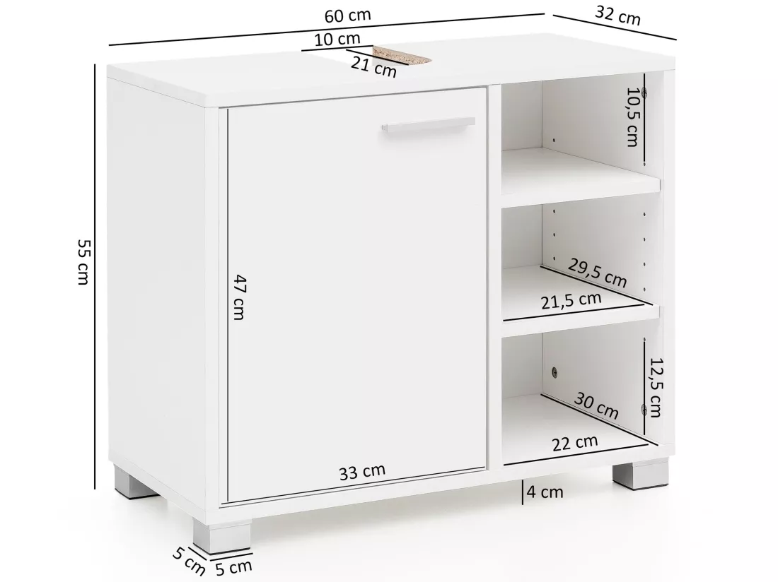 Évier armoire avec 60x55x32 cm Blanc Meuble vasque a poser Design Bain