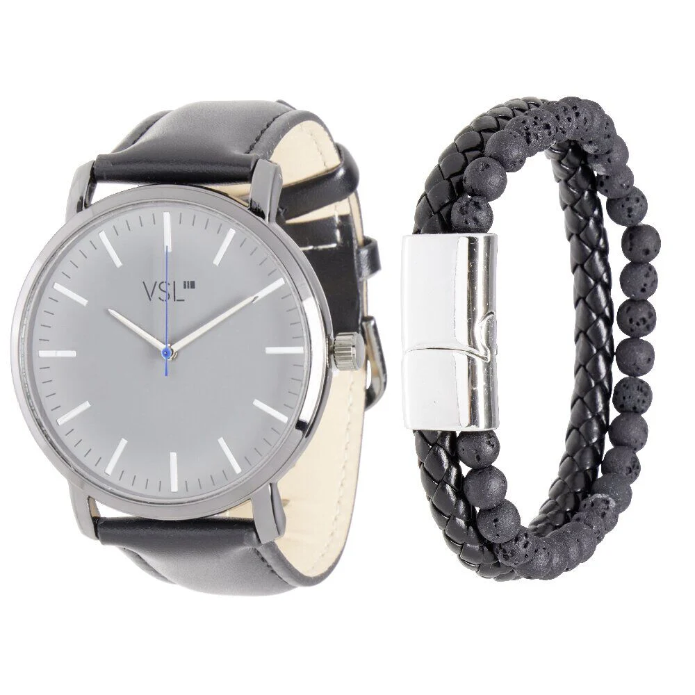 Ensemble montre et bracelet homme simili noir