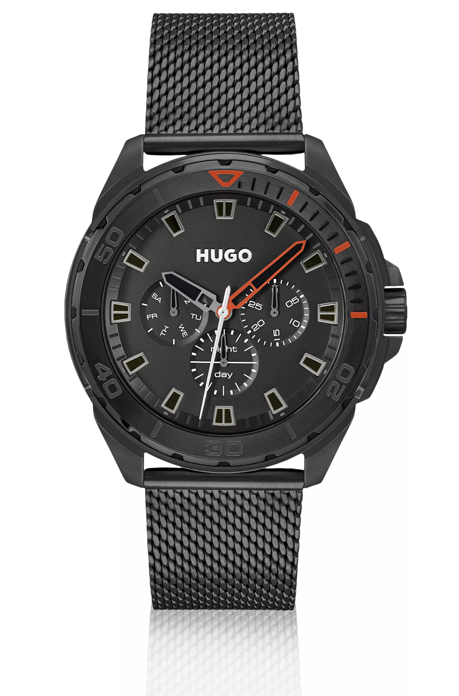 Relógio HUGO com pulseira de malha vermelha e mostrador preto.