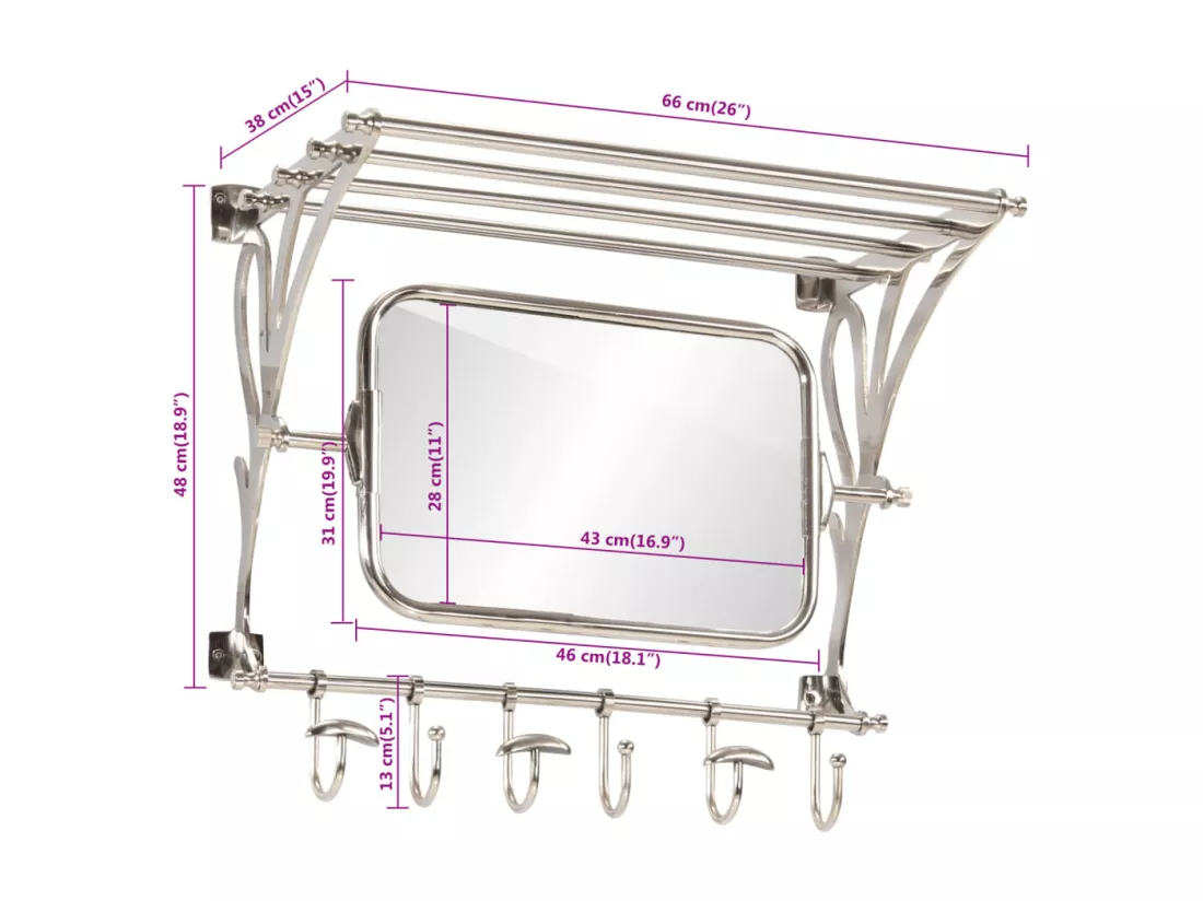 Porte-bagages avec cintres et miroir mural aluminium