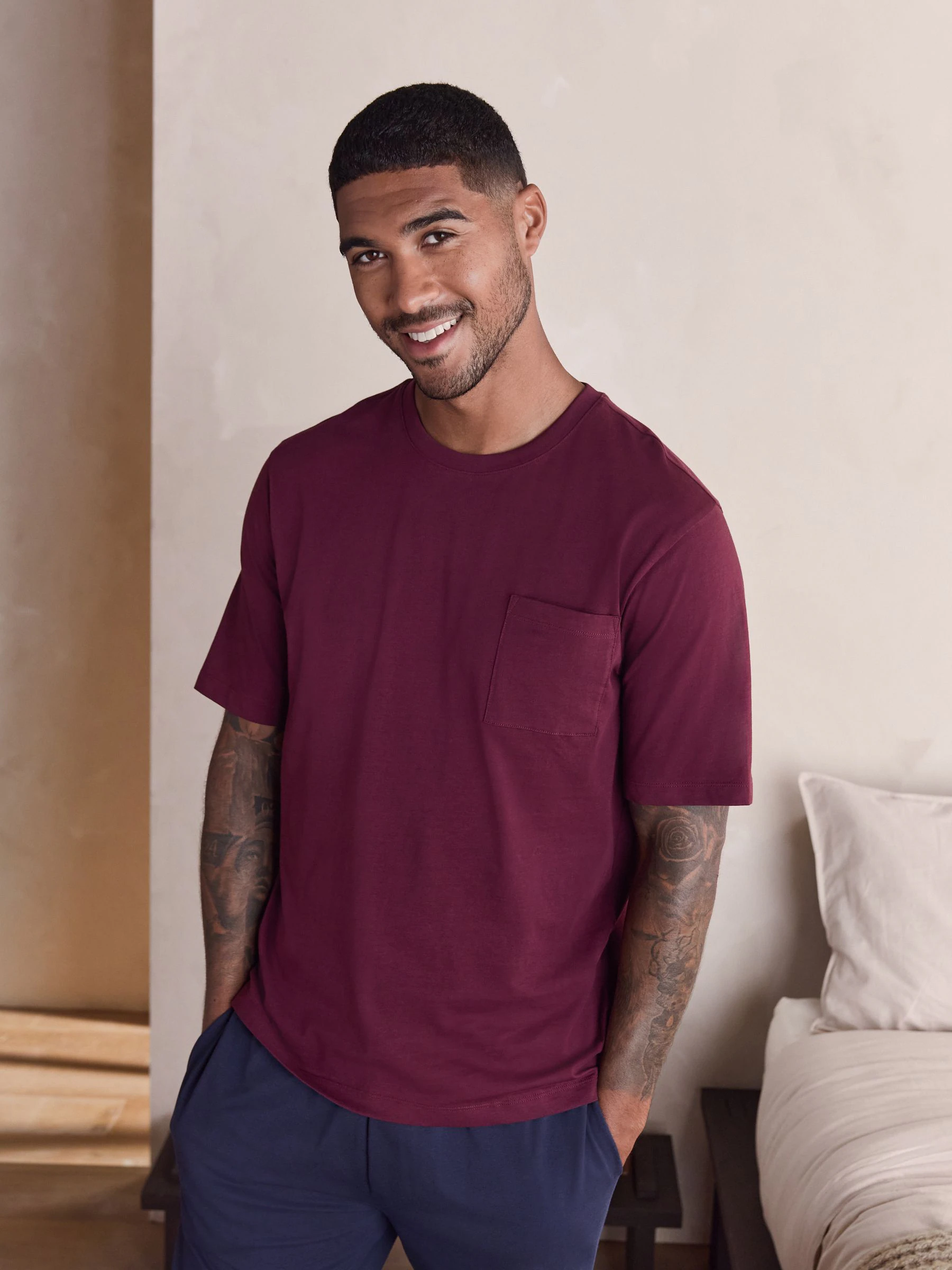 Bordeauxrood/marineblauw - Jersey pyjama met korte mouwen