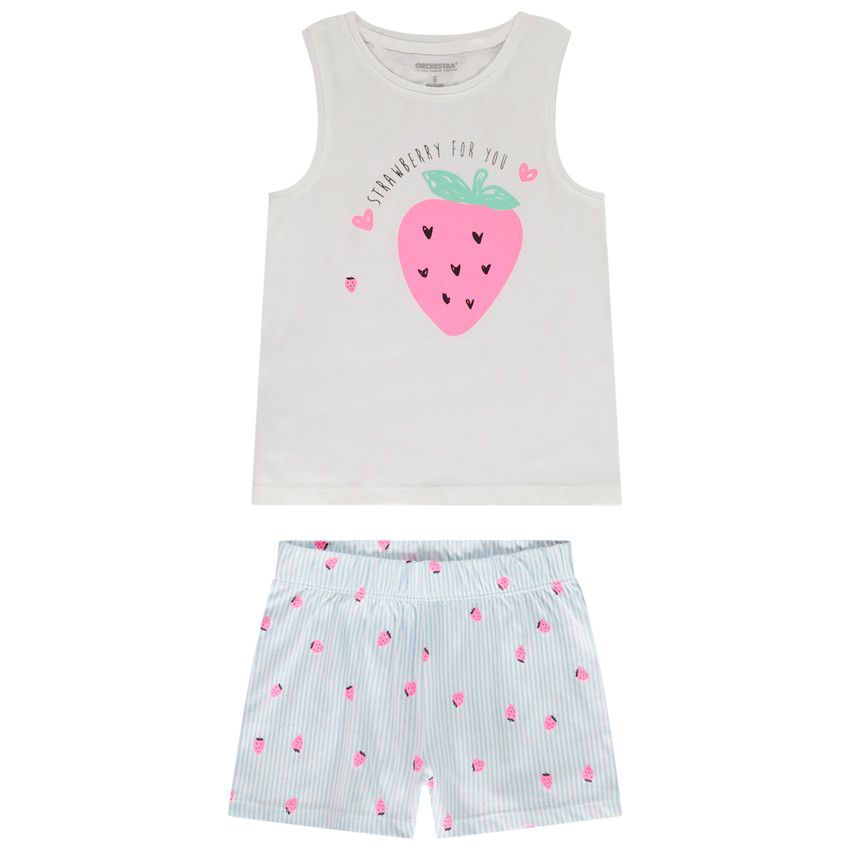 Pyjama 2 pièces en jersey imprimé fraises pour fille - Blanc