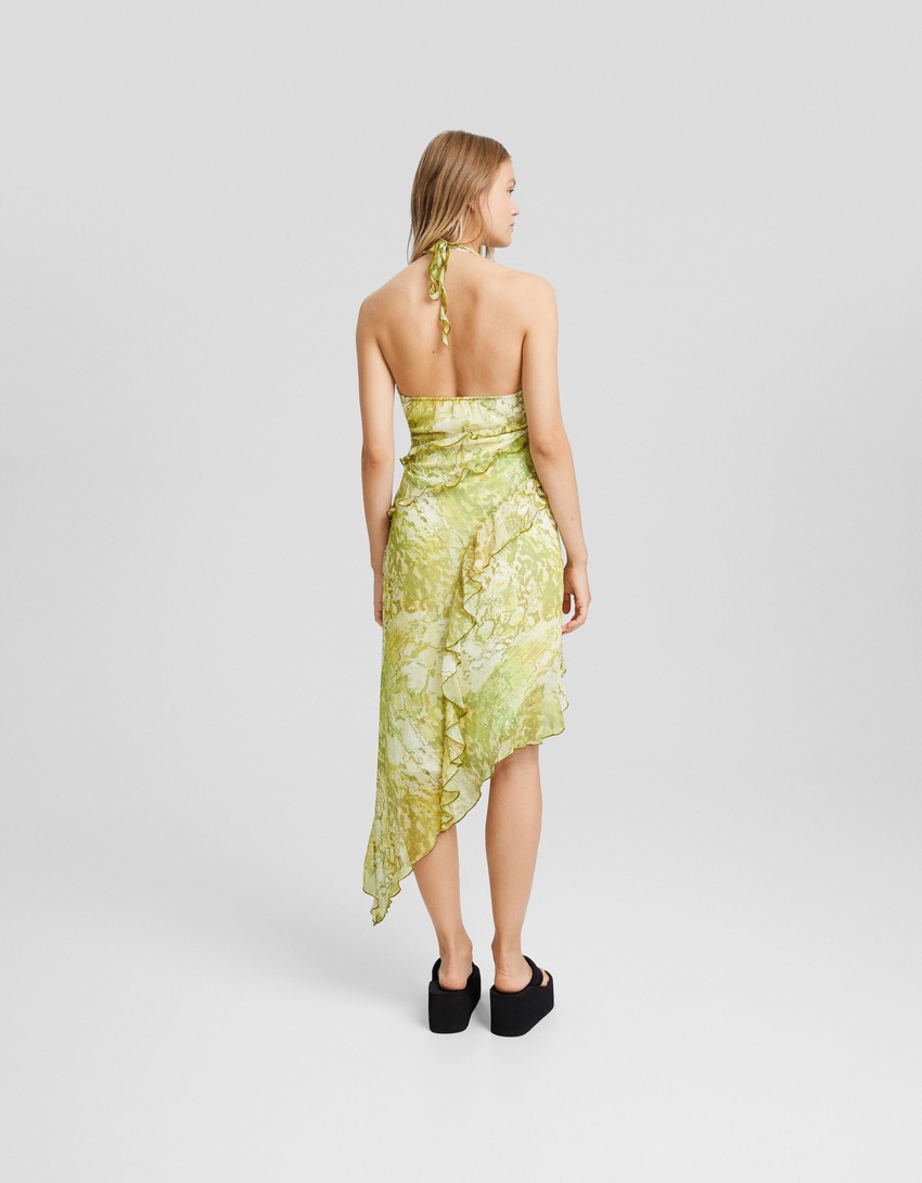 Vestido midi assimétrico de chiffon com decote halter e babados.