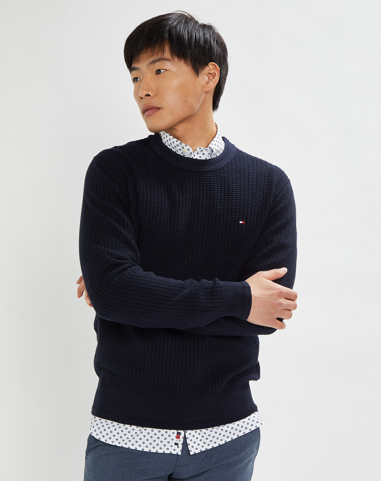 Tommy Hilfiger Pull Grid Structure col rond bleu marine