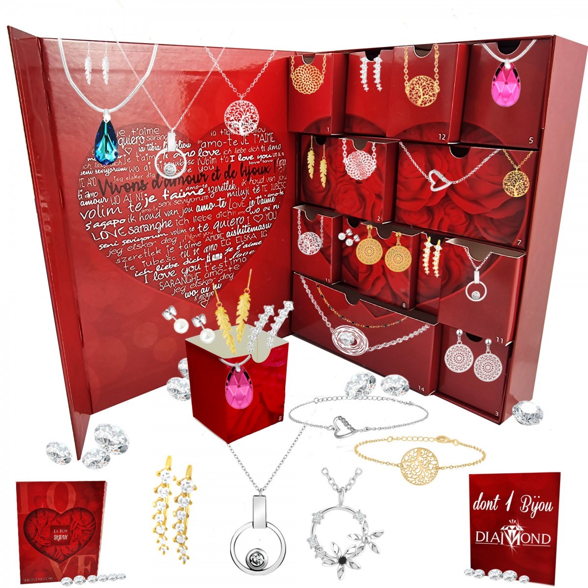 Calendrier de l'avent SC Crystal - 14 bijoux dont un bijou orné d'un véritable DIAMANT