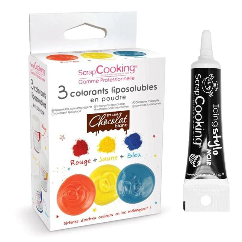 3 colorants liposolubles en poudre + Stylo de glaçage noir Scrapcookin