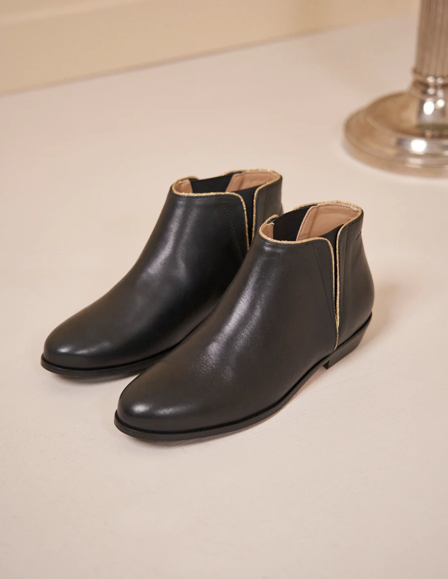Bottines plates Jeanne B - Cuir noir et doré