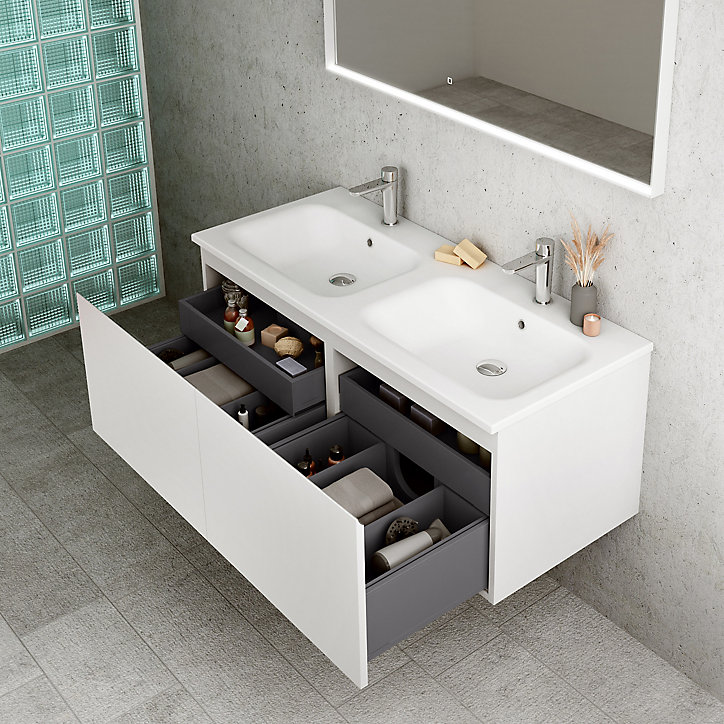 Meuble sous vasque à suspendre Pura blanc 120 cm + plan double vasque en résine blanc