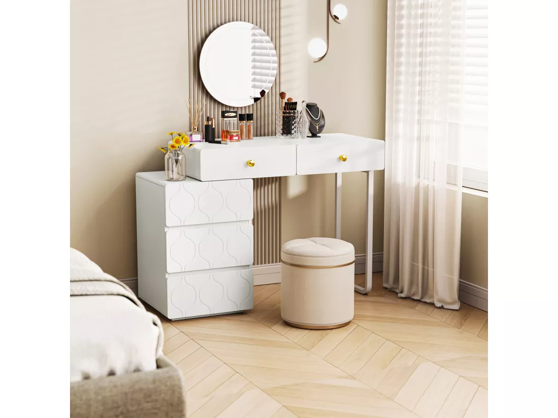 Coiffeuse avec 5 tiroirs et une porte - Sans miroir - 90 x 40 x 73,5 cm - Bois MDF - Blanc