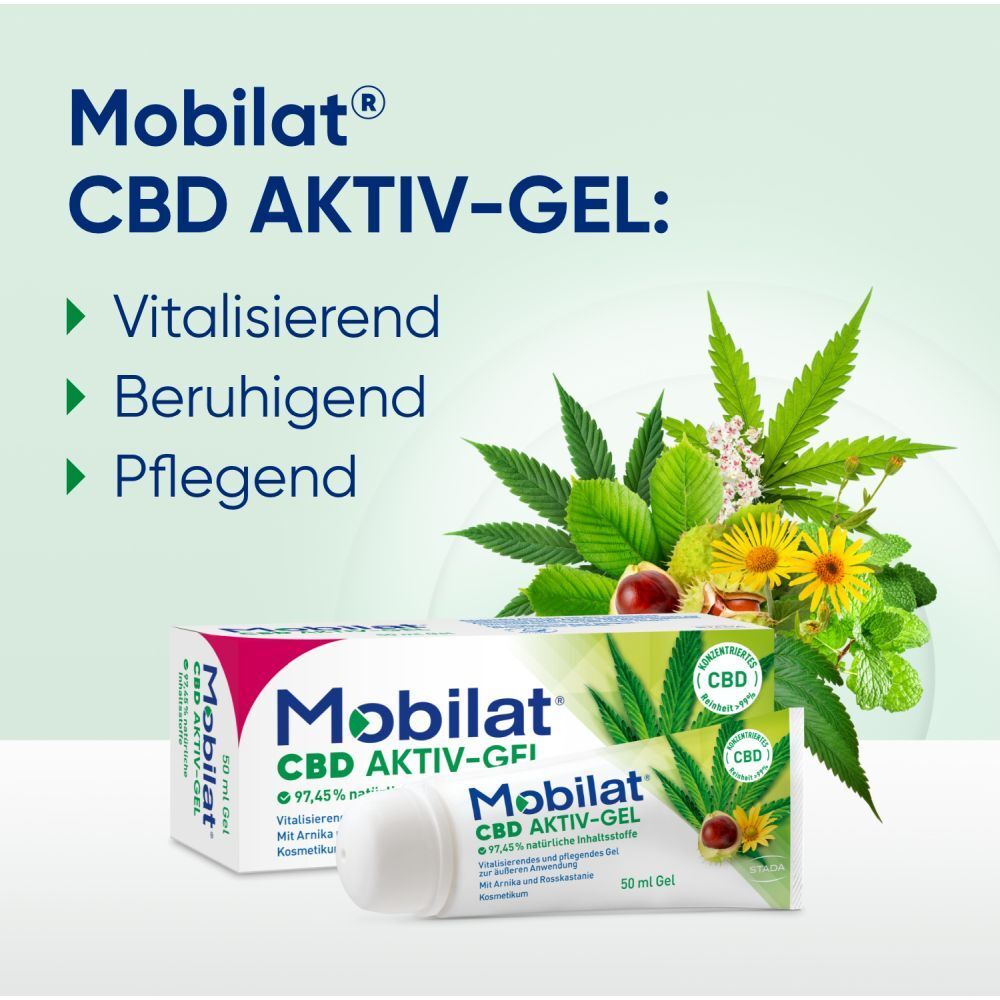 Mobilat® CBD Aktiv-Gel: Vitalisierendes und pflegendes Gel zur Entspannung beanspruchter Körperpartien. Mit hochkonzentriertem CBD (>99% Reinheit), Arnika-Extrakt und Rosskastanien-Extrakt. Kosmetikum